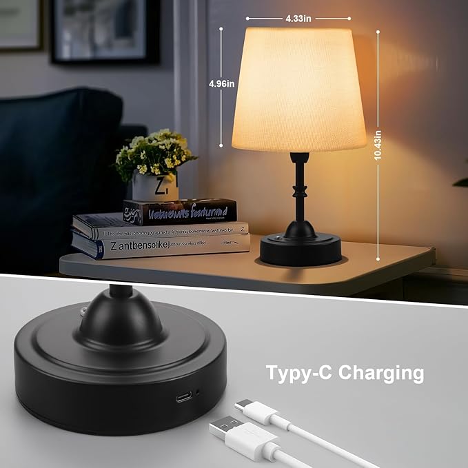 Portable Cordless Table Lamp, 5000mAh Rechargeable Battery Operated Bedside Lamps, 3-Level Dimmable Nightstand Lamp, Wireless Desk Lamps for Living Room Bedroom Office Patio Restaurants