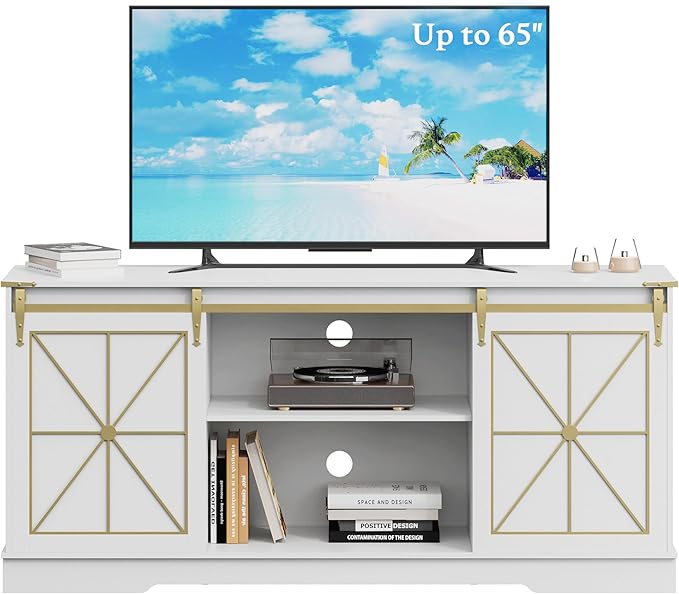 Farmhouse TV Stand for 55 60 65 Inch TV, Mid Century Modern TV Cabinet with Storage and Sliding Barn Doors, Easy Assembly, Entertainment Center Console Table for Bedroom Living Room-White