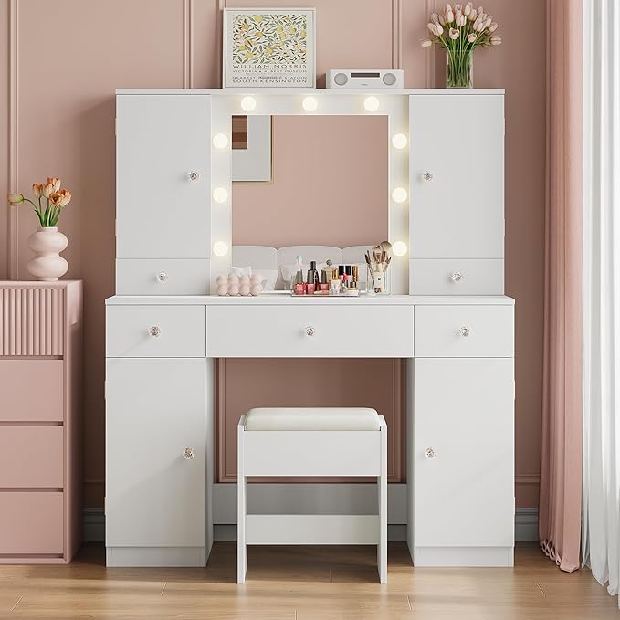 wanan White Vanity with Jewelry Storage, Big Makeup Vanity Desk with Mirror and Lights, 5 Drawers and 4 Cabinets, 45.3'' Large Vanity Set for Bedroom