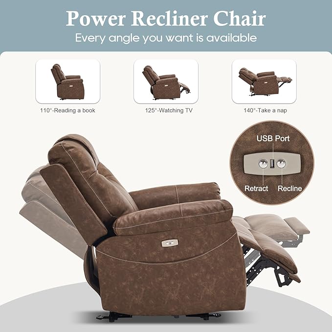 Power Recliner Chair, Wall Hugger Recliner with Massage and Heat, PU Leather Recliner Chair with 2 Side Pockets & USB Ports for Living Room