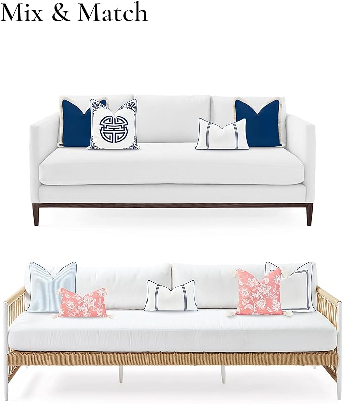 Hofdeco Premium Coastal Hampton Style Patio Indoor Outdoor Lumbar Pillow Cover Only, 12"x20" Water Resistant for Backyard, Couch, Navy Blue Embroidered Vertical Line