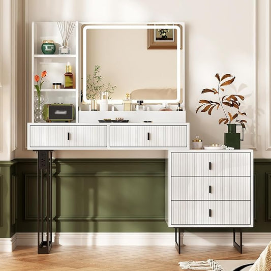 Large Vanity Desk with 3 Color Touch Screen Dimming Mirror, Vanity Desk with Charging Station, Modern Retractable Makeup Dressing Table, Vanity Table With storage shelves and 5 Sliding Drawers, White