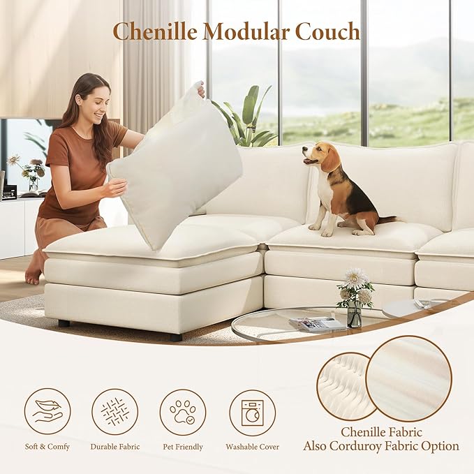 Vesgantti 108" Modular Sectional Sofa, Comfy Cloud Couch with Movable Ottoman Deep Seat Chenille L Shaped Modular Sofa, Sectional Couches for Living Room, Bedroom and Apartment, Beige