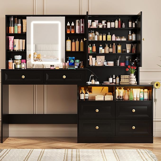 Large Black Vanity Desk with Sliding Mirror & Lights, Big 58.6" Makeup Vanity Table & Nightstand Combo with Power Outlet and 6 Drawers 15 Shelves with Light Strips for Bedroom