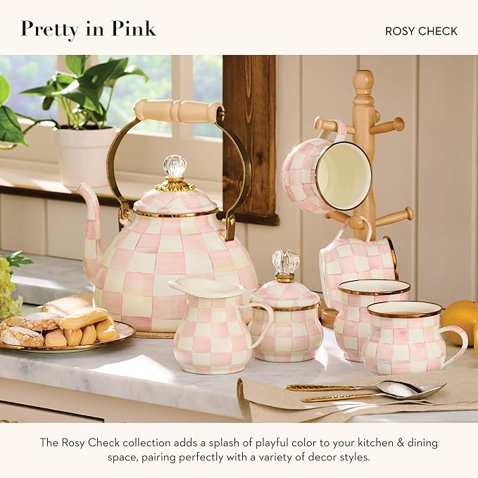 MACKENZIE-CHILDS Enamel Dinner 3-Piece Set, 10-Inch Round Serving Plate, 8-Salad/Dessert Plate, Breakfast Bowl, Rosy Check