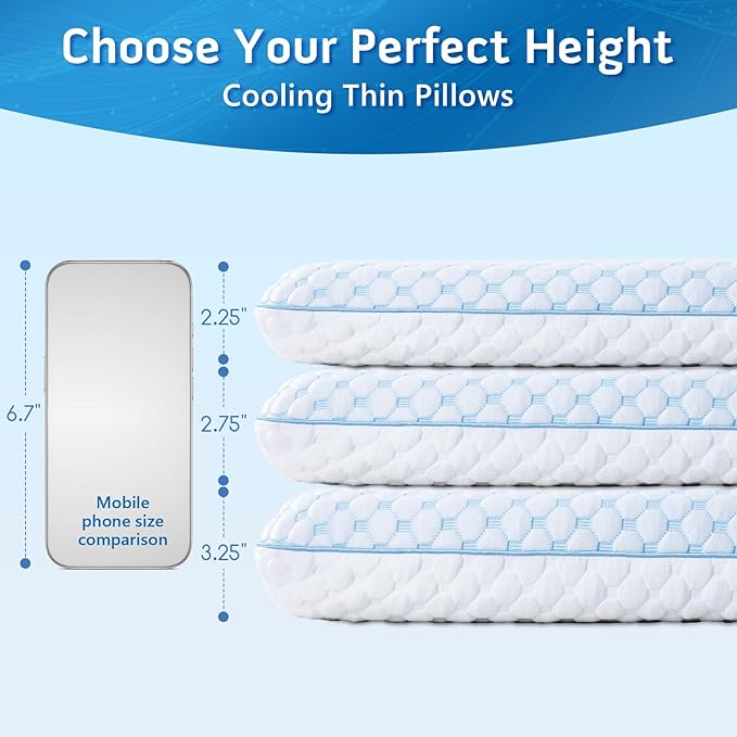 Thin Pillow for Sleeping, Cooling Gel Flat Pillow for Stomach and Back Sleepers, Ultra Slim Stomach Sleeping Pillows for Shoulder Neck Pain Relief, Low Profile Memory Foam Pillows 2.25-inches