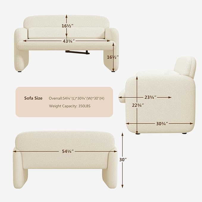 Furnimart Modern Loveseat Sofa, 54" 2-Seater Boucle Sofa, Comfy Upholstered Minimalist Couch, Small Couches for Small Spaces, Apartment, Office, Living Room, Bedroom, Dorm, Chenille White