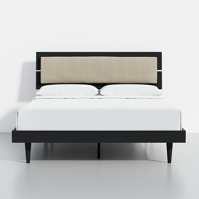 HavenWood Modern Solid Wood Platform Bed with Adjustable Headboard with Cushion – No Box Spring Needed,Fast Assembly – Queen Size in Black