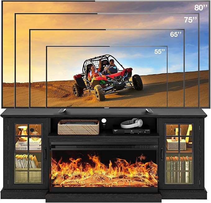 oneinmil 36 Inch 3-Sided Glass Fireplace TV Stand for TVs up to 80", Rustic Media Entertainment Center Console Table with Glass Door Closed Storage, Set of TV Table, Black