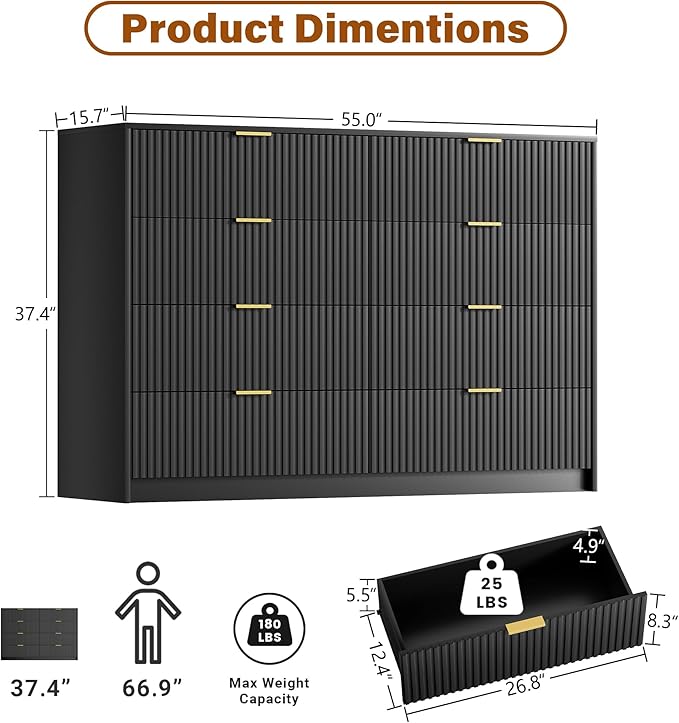 Black Dresser for Bedroom, Modern Dresser with 8 Drawers and Smooth Slides, Wide Chest of Drawers with Golden Handles for Bedroom, Closet, 15.7" D x 55" W x 37.4" H
