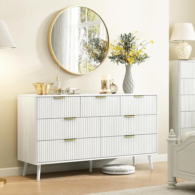CARPETNAL Fluted 7 Double Drawers White Dresser for Bedroom, 55”Wide Modern Chest of Drawers with Deep Drawers,Wood Drawer Organizer for Bedroom Living Room, Hallway, White