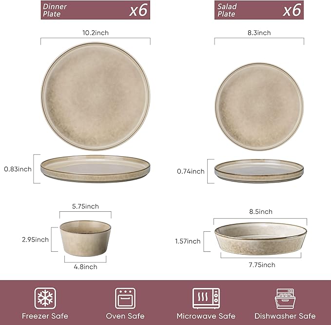 Herogo Dinnerware Sets with Pasta Bowls, 16 Piece Plates and Bowls Set for 4, Modern Stoneware Dinner Dishes for Kitchen Dinning, Dishwasher & Microwave Safe, Cream Khaki