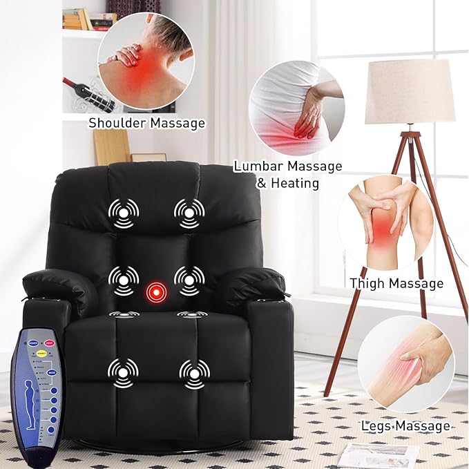 Bonzy Home Oversized Swivel Rocker Recliner, 40" Rocking Recliner Chair with Heated and Massage, PU Leather Single Sofa with Swivel Function, 2 Cup Holders for Living Room Bedroom, Black
