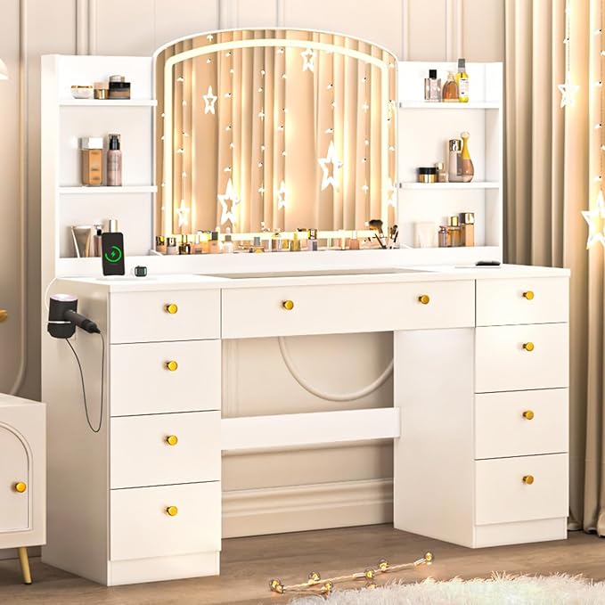 Makeup Vanity Desk with Mirror, Makeup Vanity with Power Outlet, 55" Large Vanity with 9 Drawers & Storage Shelves for Bedroom, White