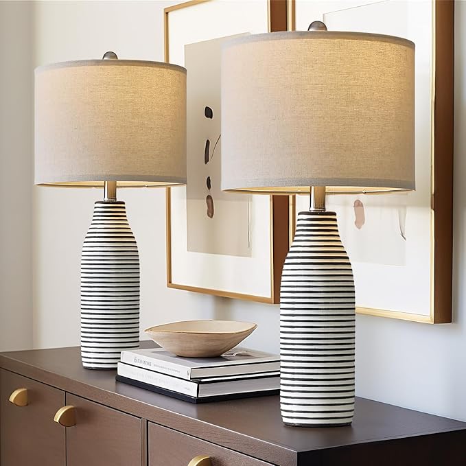 25" Ceramic Table Lamps Set of 2 Beside Lamps for Living Room Modern Bedroom Lamps for Night Stands with Rotary Switch Black and White Stripes