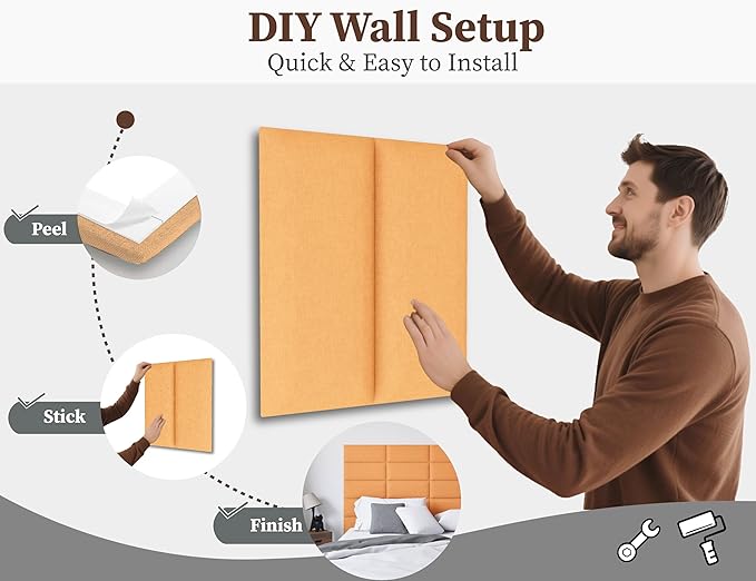 Fabric Orange Peel and Stick Upholstered Headboard for Queen Size, 12PCS Tufted Wall Panels for Adjustable Bed Frame, 10"x24" Each, Fabric - Orange