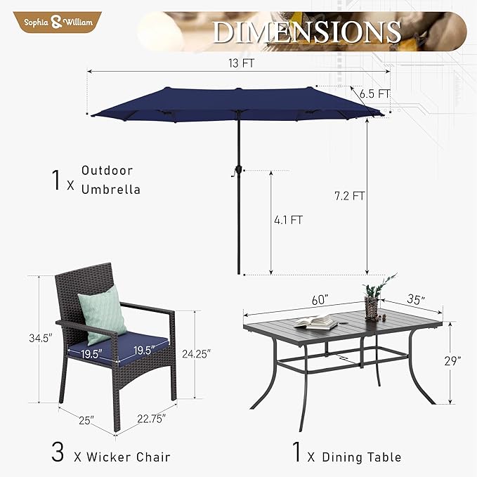 Patio Outdoor Table and Chairs Set with Umbrella Navy, Patio Dining Sets for 6, 7 Pieces Patio Table Set Clearance for Backyard Deck Porch Outside, Metal Table with Hole & Cushioned Rattan Chairs