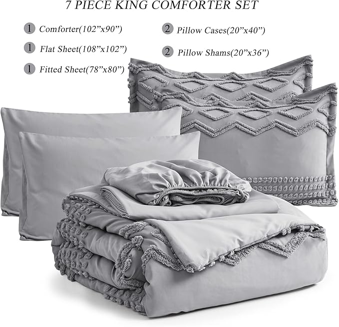 KAKIJUMN Grey Tufted Comforter Set King Size 7 Piece Bed in a Bag, Shabby Chic Boho Comforter and Sheet Set, Pom Pom Textured Bed Set, All Season Soft Microfiber Complete Bedding Set(Grey,King)