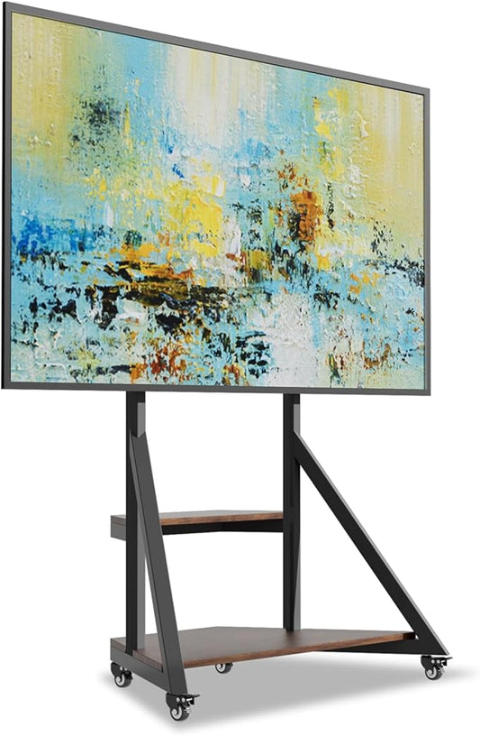 UNHO Mobile Television Stands with Wheels for 43 50 55 65 70 75 inch TVs, LCD/LED Flat Curved Screen TV Floor Stand with Wood Shelf, Art Modern Design for Living Room, Max VESA 600x400mm, Up to 176lbs