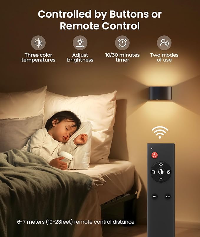 FULEN Motion Sensor Wall Lights with Remote Control 3 Colors Wireless Wall Lamp LED Indoor Up Down Wall Sconces 5000mAh Rechargeable Battery Powered Wall Lamps Brightness Adjustable, 1 Pack