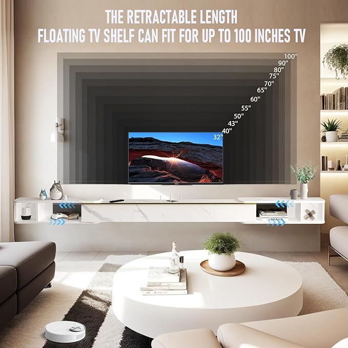 Pmnianhua Retractable Length Floating TV Stand,Minimalist Floating TV Shelf,Wall Mounted TV Console,Adjustable 87'' to 122'' Floating Entertainment Center with Storage for Bedroom Living Room(White)