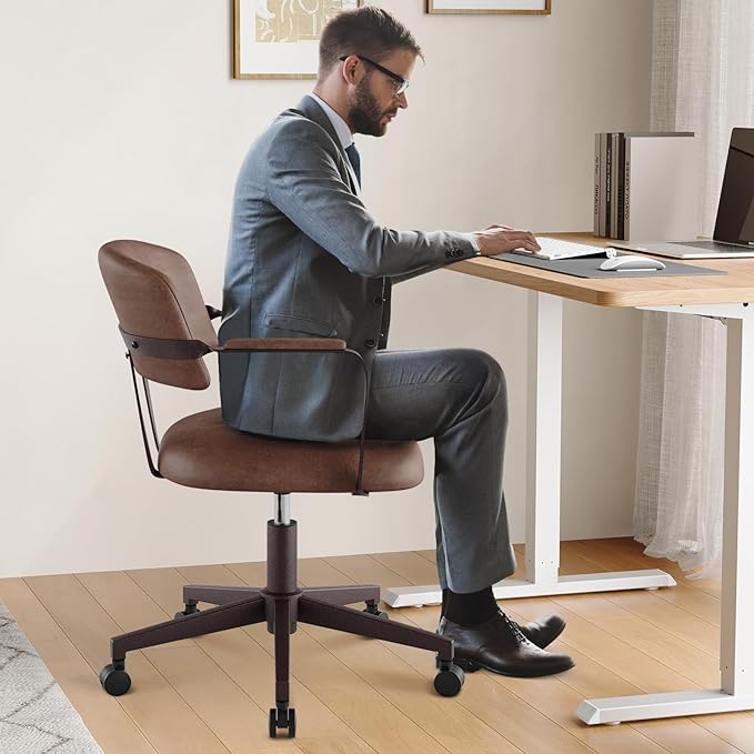 Home Office Desk Chair, Mid-Century Style Desk Chair with Padded Arms, Adjustable Seat Height, Mid Back 360° Small Computer Chair with Mobile Mute Wheel, PU Leather (Brown)
