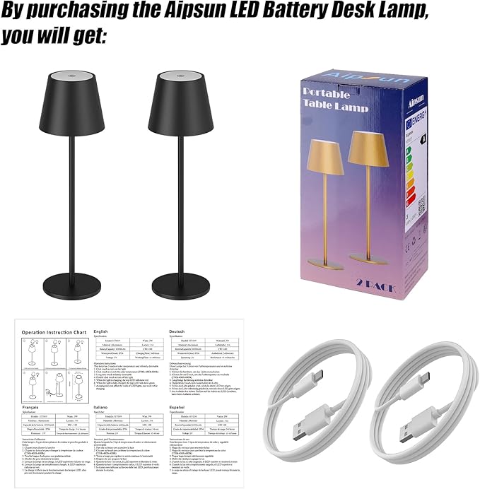 Aipsun Rechargeable Cordless LED Table Lamp 2 Pack, 6200mAh Battery Powered with Stepless Dimming, Waterproof Outdoor Modern Black Finish