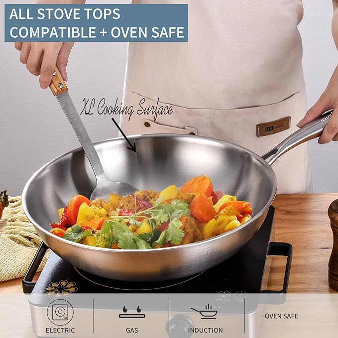LOLYKITCH Tri-Ply 13 Inch Stainless Steel Wok Pan with Lid, Stir-Frying Pan,Induction Wok,Dishwasher and Oven Safe,Heavy Duty and Detachable handle.