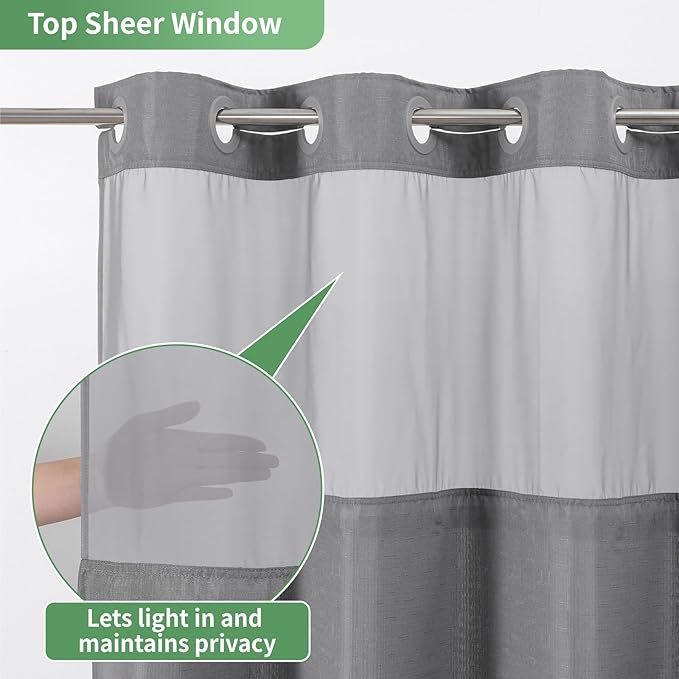 Grey Long No Hook Shower Curtain with Snap-in Fabric Liner Set,Slub Textured Fabric Shower Curtains for Bathroom,Hotel Style Modern Shower Curtain,Water Repellent & Washable,71x80(78)