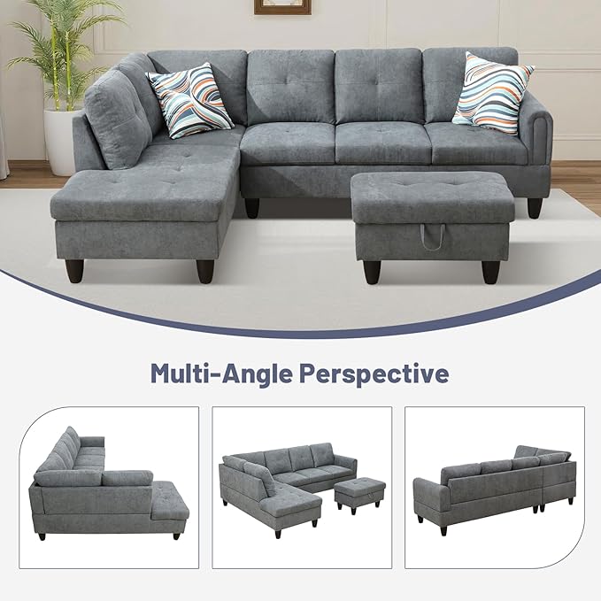 L-Shape 3-Piece Cloud Sofa, Couch for Living Room, Dark Grey Fluffy Fabric L-Shape with Reversible Chaise & Storage Ottoman, Ergonomic 110–115° Recline, Solid-Wood Frame