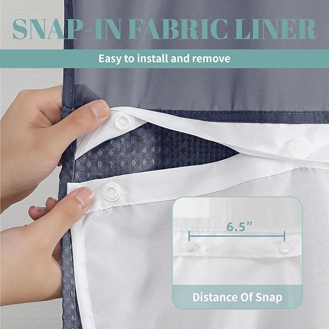 Navy No Hook Waffle Weave Shower Curtain with snap-in Liner Replacement, 230GSM Waterproof Fabric Hotel Shower Curtain Set for Bathroom, Through Mesh Top Window,71Wx74H