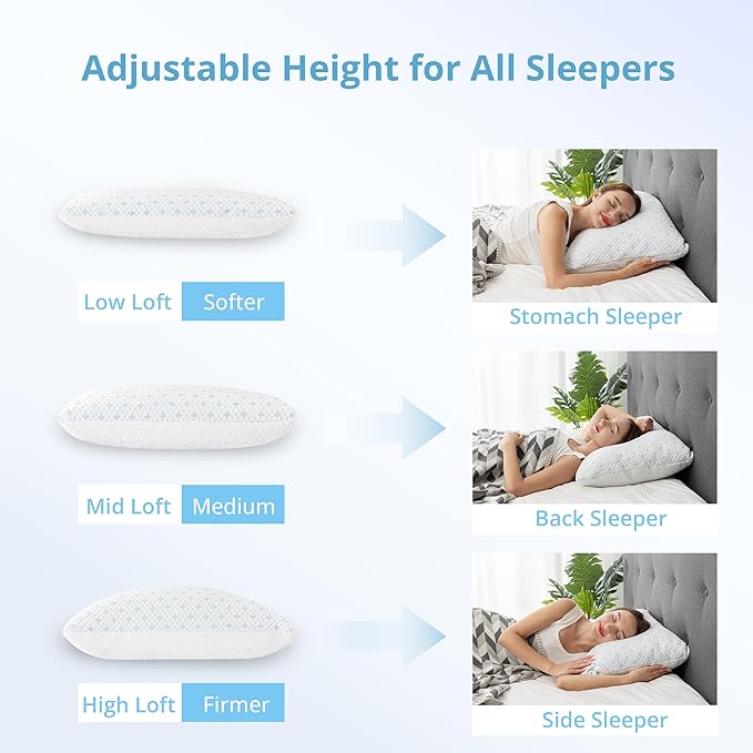 Cooling Pillows Queen Size Set of 2 - Adjustable Shredded Memory Foam Pillow for Sleeping, Bed Pillows for Side, Back, Stomach, Hot Sleepers, with Washable Cover, Supportive, 2 Pack