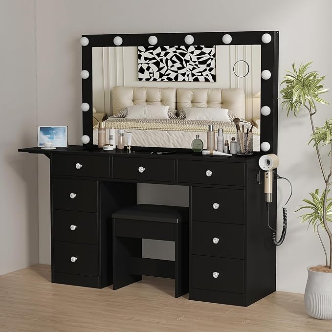 Vanity Desk & Power Outle, Makeup Vanity with Mirror and 12 LED Lights, 9 Drawers Makeup Table with Fold-up Panel, 3 Lighting Modes Brightness Adjustable (Black)