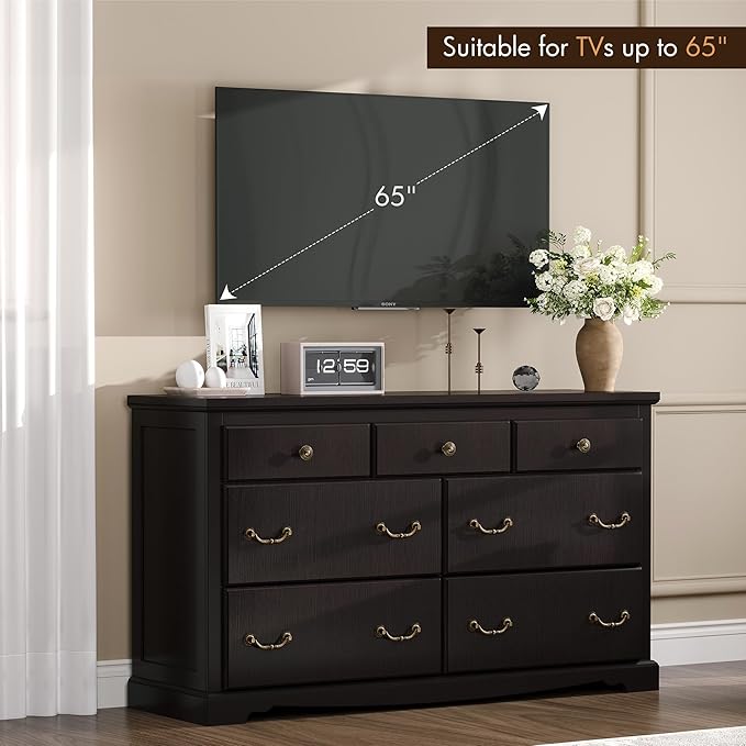 Farmhouse 7 Chest of Drawers for Bedroom, 54" Wide Wood Dresser with Bronze Retro Handles & 3D Drawer Fronts, Closet Dresser for Bedroom, Hallway, Espresso