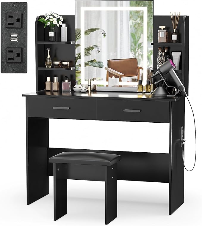 SMOOL Vanity with Lighted Mirror, Makeup Vanity Desk with Power Outlet, 3 Color Light Options Adjustable Brightness, Vanity Table with 6 Storage Shelves, 2 Large Drawers and Cushioned Stool, Black