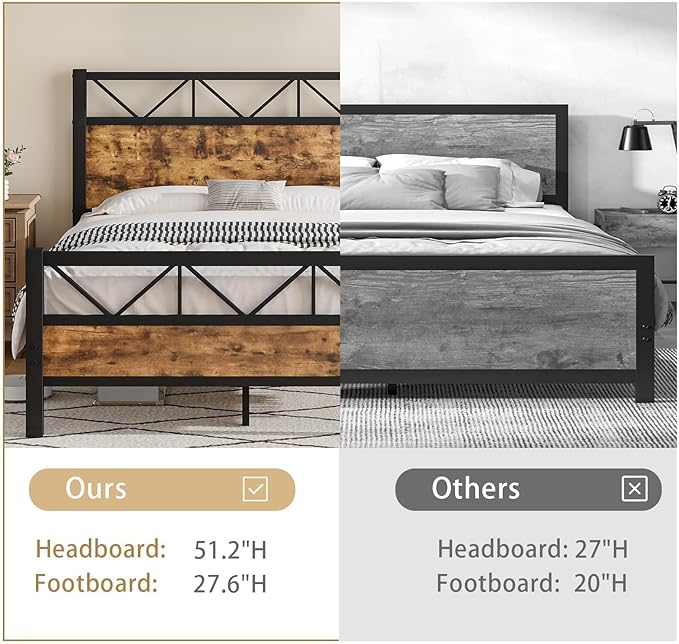 Twin Bed Frames, Twin Beds with 51.2" Tall Headboard, Industrial Bed Frame Twin with Heavy Duty Metal Slats Support, No Box Spring Needed, Noise-Free, Easy Assembly, Rustic Brown