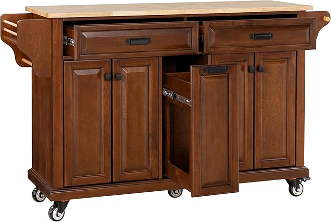 Rolling Solid Wood Kitchen Island with Rubberwood Top, 3 Drawers, 2 Cabinets, Adjustable Shelves, Spice Rack & Locking Wheels – Farmhouse Mahogany Painted Finish