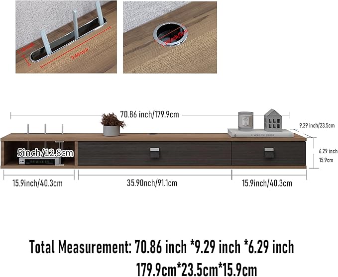 Pmnianhua Floating TV Shelf,70'' Wall Mounted Floating TV Stand Unit Media Console Wall TV Console Cabinet Media Entertainment Shelf with 2 Doors for TVs up to 75'' (Walnut)