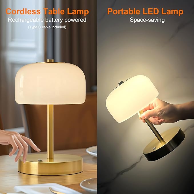 PORTRES Cordless Table Lamp Rechargeable Battery Operated Mushroom lamp Opal Glass Shade 3 Way Dimmable LED Touch Outdoor Lamp for Camping Bedroom Dining Living Room Beside Patio Restaurant,Gold
