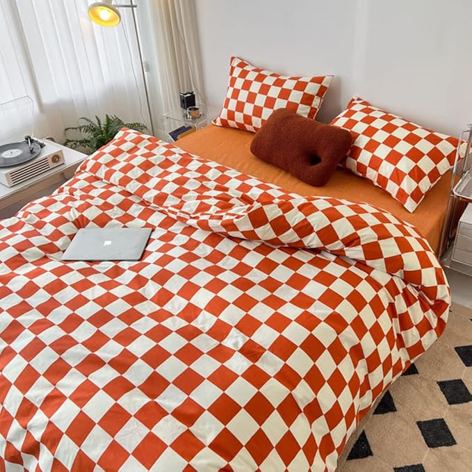 CLOTHKNOW Rust Beige Plaid Comforter Set California King Checker Bedding Comforter Sets Geometric Buffalo Comforter with 2 x Pillow Cases