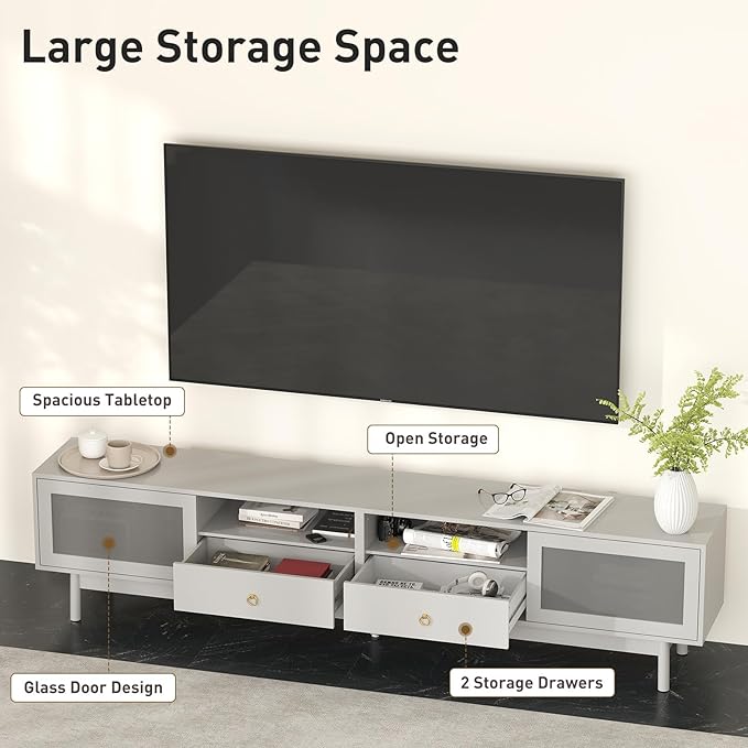 Bonzy Home TV Stand with Storage for 80 Inch TV, Modern Entertainment Center with Glass Doors and 2 Drawers, 86.6" Long TV Console for Living Room, Grey