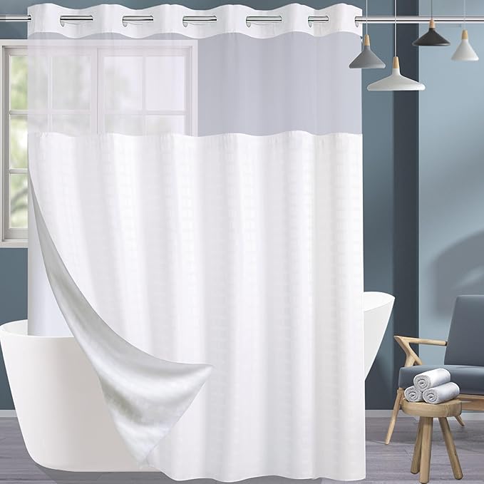 Conbo Mio Extra Wide No Hook Shower Curtain with Snap in Liner Set, 108" x 74" Hotel Luxury White Fabric Shower Curtains for Bathroom with See Through Top Window, Washable, Waterproof 108W x 74H