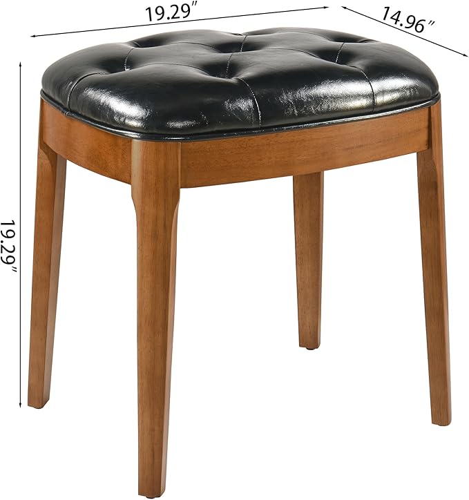 Solid Wood Button Tufted Vanity Stool, Ottoman Stool with Wood Legs & Padded Seat PU Leather Upholstered Piano Bench with Non-Slip Foot Pads Accent Stool for Bedroom Entryway, Black