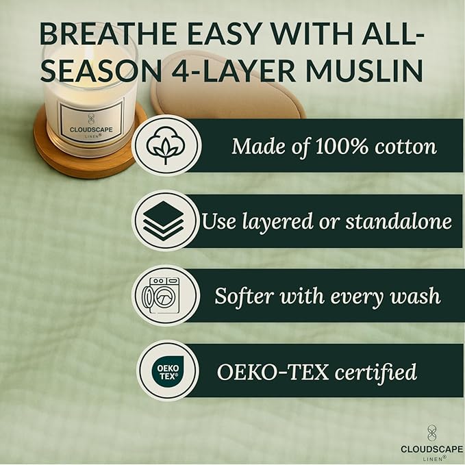 Extra Large 4 Layer Muslin Throw Blanket, 100% Cotton Blanket for Couch, Bed,Sofa, Home Decor,Pre-Washed Gauze, Best Summer Blanket, 50x70, Seafoam Green