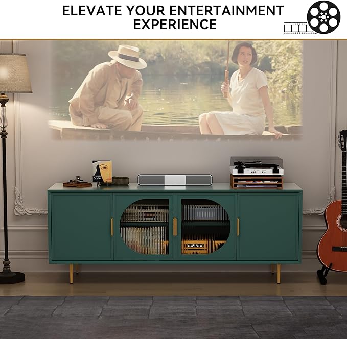 ARTPOWER Modern TV Stand for TVs up to 70+ inch, Glass Door Television Console Table with Gold Leg, Entertainment Center with Storage Cabinet, Wood Media Furniture for Bedroom, Living Room, Green