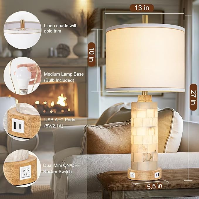 27" Natural Alabaster And Wood Table Lamp Set of 2 With Night Light Nightstand Lamps With USB Ports White Linen Fabric Shade Bedside Lamp Decor For Living Room Bedroom Home Office Hotel Bar House