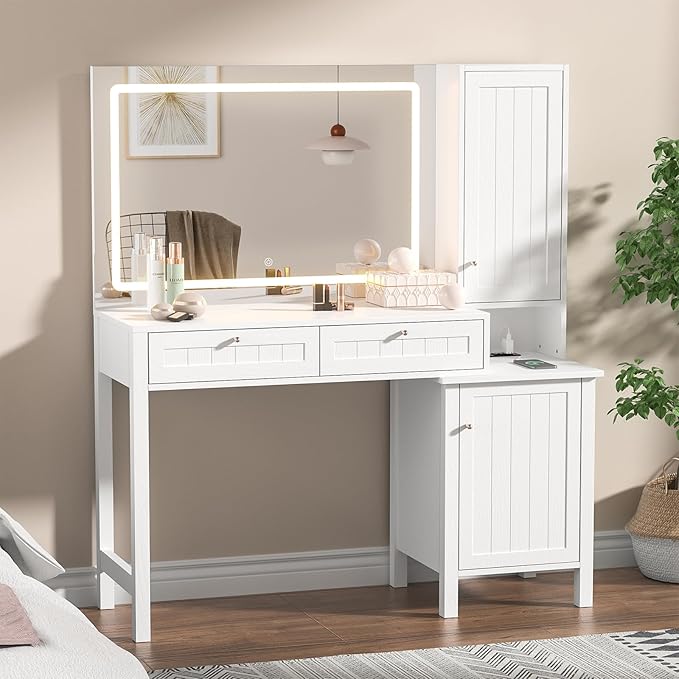 Anmytek Makeup Vanity Desk with Mirror and Lights, Dressing Table with 2 Large Drawer & 2 Storage Cabinet,Vanity Desk with Power Strip, 36" Mirror with 3 Lighting Modes, Suitable for Bedroom, White