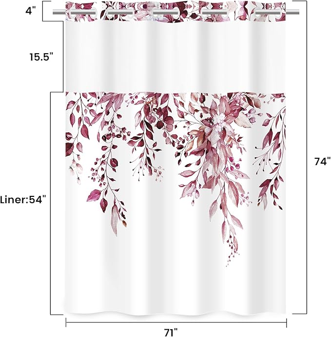 No Hook Shower Curtain with Snap in Liner - Eucalyptus Shower Curtain - Washable Waterproof Inner Liner, Plants Burgundy Leaves Modern Shower Curtains - Machine Washable, 71 x 74