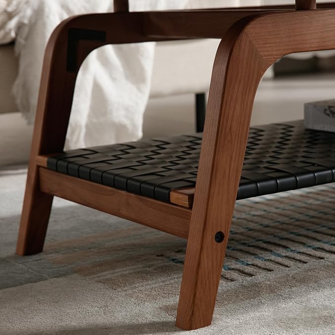 Solid Wood Coffee Table for Living Room, 47” Mid Century Modern 2-Tier Storage Coffee Table Rectangular Coffee Tables with Faux Leather Shelf Storage for Office Apartment, Walnut