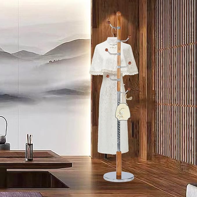 Coat Rack Freestanding, Wooden Tree Coat Rack Stand with 3 Adjustable Sizes Coat Tree and 14 Hooks, Sturdy Hall Tree with Solid Round Base for Entryway, Hallway,Bedroom (Solid Wood Metal Hook)